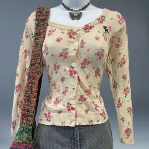 Abercrombie & Fitch Floral Linen Cotton Cardigan Cream Button Front Size M